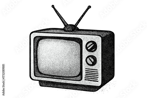 Halftone retro television device. Vintage TV for collage element. Vector illustration of grunge art. Dotted pop art style. Old technology concept. Analog media broadcast receiver.