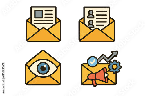 Email marketing icon set. Vector cartoon icons for newsletter, subscriber list, open rate tracking, and campaign analytics. Digital marketing, promotion, communication concepts.