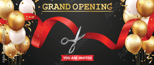 Grand opening invitation card design with red ribbon and confetti