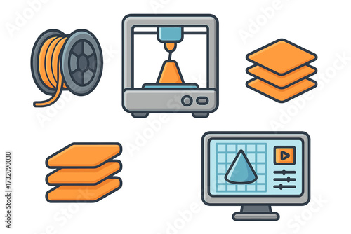 3D printing vector icons set. Additive manufacturing technology concept. Includes printer, filament spool, object layers, and computer modeling software interface for rapid prototyping.