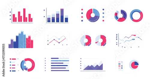 Collection of data visualization graphics representing bar charts pie charts and line graphs for presentations or reports