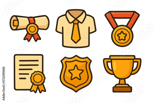 Achievement and award vector icon set. Diploma, certificate, medal, trophy, and police badge symbols. Success, victory, and recognition concept. Graduation cartoon illustration.