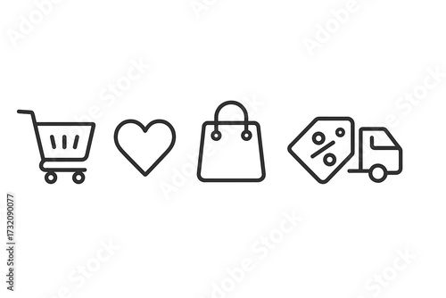 E-commerce outline icon set for online shopping. Vector symbols of shopping cart, wishlist heart, bag, discount tag, and delivery truck for web, app UI, and retail.