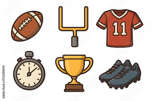 American football icon set. Sport equipment vector collection. Cartoon game elements. Ball, goalpost, jersey, stopwatch, trophy, cleats. Championship team sports symbols.