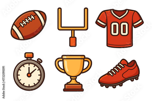 American football icon set. Vector cartoon collection of sports equipment: ball, goalpost, jersey, timer, trophy, and cleat shoe. Isolated graphic elements for game day.