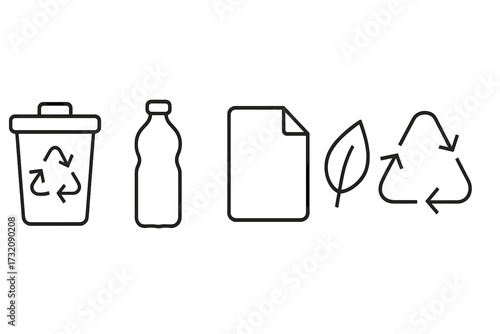 Recycling line icon set. Minimalist vector symbols for waste sorting and management. Bin, plastic bottle, paper, organic leaf, and arrow sign. Eco and zero waste concept.