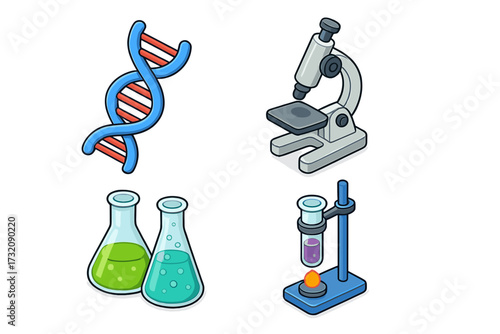 Science lab research icon set. Isometric vector cartoon illustration of DNA, microscope, chemical flasks, and test tube experiment. Biology, chemistry, and genetics concept.