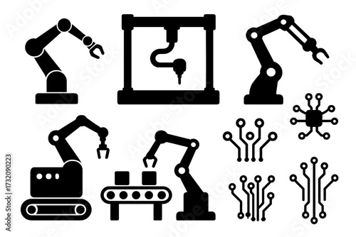 Industrial automation icon set with robotic arms for manufacturing. Vector silhouettes of factory robots, conveyor belt, production line, circuit board, and chip technology design.