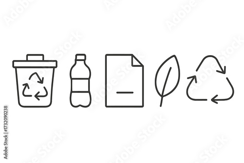 Recycling icons set for waste sorting and management. Minimalistic line art of bin, plastic bottle, paper, leaf, arrow symbol. Eco friendly and sustainable concept vector.