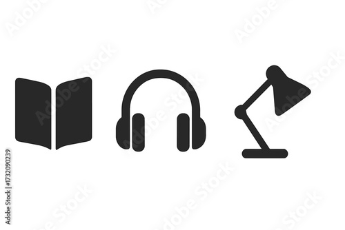 Minimalist reading icon set. Book, headphones, lamp silhouettes. Simple vector symbols for study, library, education, audiobooks. Flat design elements for modern graphic.