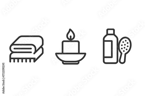 Spa icons set in minimalist line art style. Vector illustration of towel, candle, shampoo and brush. For concepts of wellness, beauty, self-care, hygiene, and relaxation.