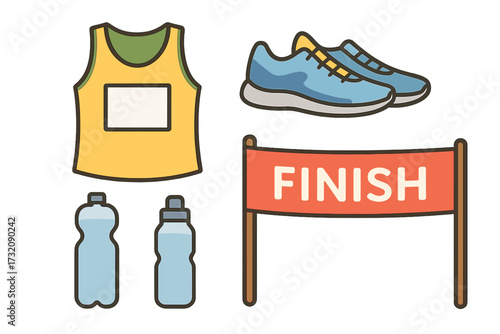 Running race and marathon gear icon set. Vector illustration of sport equipment for runner. Minimalist cartoon collection with sneakers, singlet, water bottle and finish line.