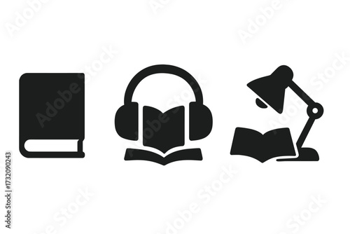 Minimalist reading icon set. Vector silhouettes for book, audiobook, and studying. Concepts for education, e-learning, knowledge, library, literature, and modern design.