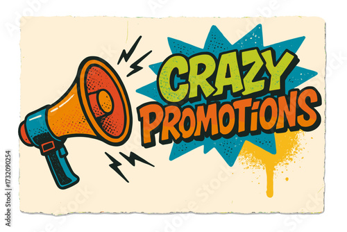 Loudspeaker announcing crazy promotions banner. Retro comic style vector illustration with megaphone. Vintage 90s pop art poster for sales and marketing announcement.
