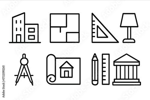 Architecture line icon set. Minimalist vector symbols for design and engineering. Includes blueprint, building, compass, ruler, floor plan. For construction or real estate projects.
