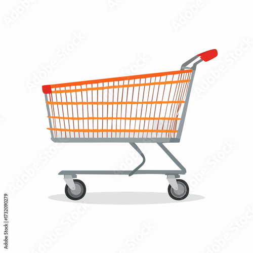 Illustration of an empty orange and gray shopping cart with a red handle, viewed from the side.