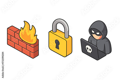 Cybersecurity isometric icon set. Hacker, firewall, lock symbols. Vector cartoon illustration for data protection, privacy, cybercrime, network security, hacking, and threat.