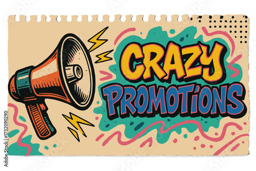 Crazy promotions announcement with loudspeaker. Retro 90s graffiti art banner for advertising. Mixed media collage for marketing, sale, discount. Stylish vector poster concept.