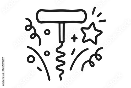 Corkscrew icon, celebration symbol. Linear style vector cartoon illustration. Wine bottle opener tool for party, new year, event. Confetti and star doodle graphic element.
