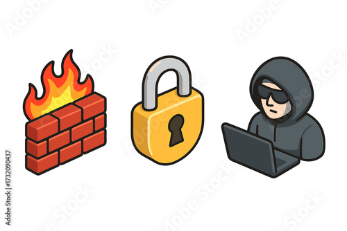 Cybersecurity isometric vector icon set. Firewall, lock, and hacker symbols. Cartoon illustration for data protection, privacy, and internet security concepts. Cybercrime.