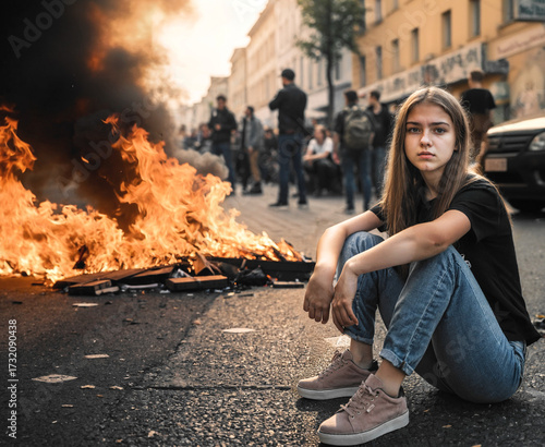 a young woman sits on the s...