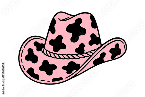 Pink cowgirl hat with cow print. Western cowboy fashion accessory for rodeo or bachelorette party. Wild west, Nashville style. Hand drawn flat vector illustration icon.