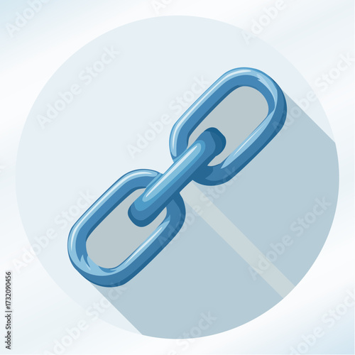 A stylized, blue chain link icon with a long shadow, set against a light blue circular background.