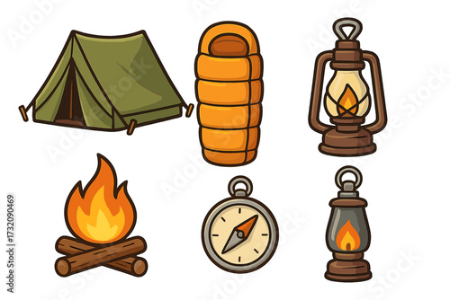 Outdoor camping icon collection. Vector cartoon illustration set with tent, sleeping bag, campfire, compass, lantern. For hiking, adventure, survival, and travel concepts.