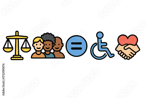 DEI vector icon set. Justice, diversity, equality, accessibility, and trust symbols. Social rights concept. Multicultural community, fairness, inclusion, and belonging cartoon illustration.