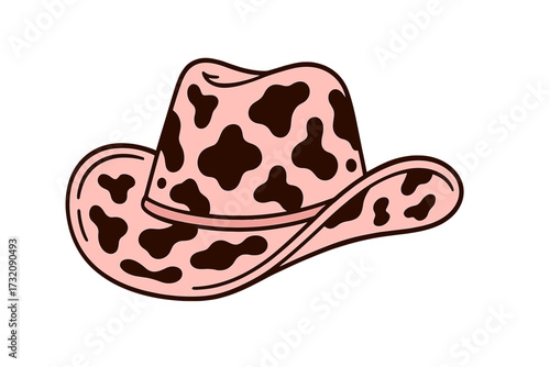 Pink cowgirl hat with cow print. Western fashion style. Wild West concept for rodeo or country party. Cowboy theme vector. Hand drawn flat illustration for bachelorette.