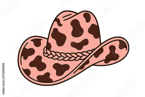 Pink cowgirl hat with cow print. Western cowboy fashion accessory for country music festival or rodeo. Wild West theme design element. Hand drawn flat vector illustration icon.