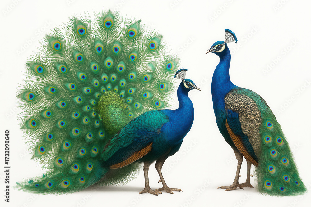 Obraz premium Two peacocks on a white background.
