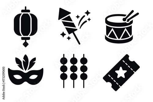 Festival glyph icon set for celebration and party. Modern silhouette design symbols for event, carnival. Collection includes lantern, firework, drum, mask, food skewer, ticket.
