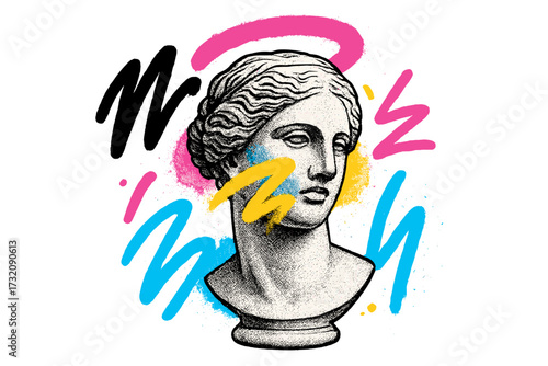 Retro 90s magazine style halftone collage with urban graffiti strokes. Female marble head with abstract spray paint shapes. Trendy nostalgia, pop art, street art vector.
