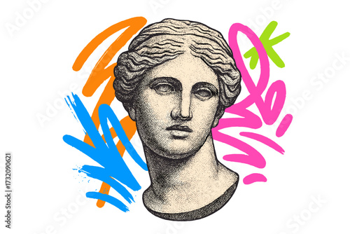 Retro 90s collage with classic greek statue head and graffiti art. Urban street art aesthetic. Pop art sculpture. Ancient marble bust with modern abstract spray paint strokes.