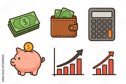 Finance and money icon set. Vector cartoon illustration of cash, wallet, calculator, piggy bank for savings. Business investment, economic growth and profit chart symbol.