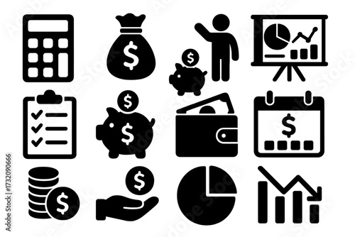 Finance business icon set. Black silhouette vector icons for money, banking and investment. Financial planning, budgeting, savings, economy, profit and loss management concepts.