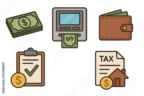 Finance icon set with money, ATM, wallet, loan, and tax symbols. Vector cartoon illustration for banking, business, and personal finance concepts. Financial management elements.