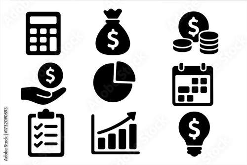 Finance and business solid glyph icon set. Concepts for financial management, budgeting, planning, savings, investment, economic analysis, and profit growth. Vector money signs.