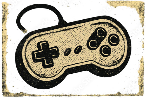 Retro gamepad in old halftone poster style. Vector illustration with vintage grunge punk cutout shape. Gaming nostalgia, gamer symbol, console controller, joystick design.