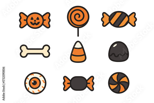 Halloween candy icon set. Minimalist sweet treats collection for trick or treat. Vector cartoon illustration of spooky dessert, sweets, lollipop, candy corn, and eyeball.