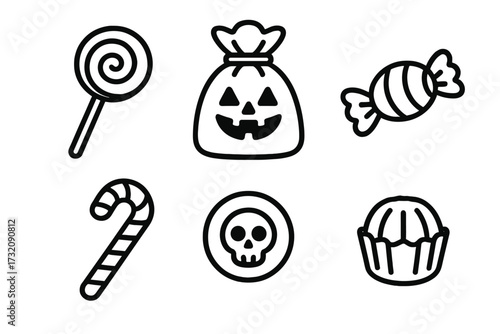 Halloween candy icon set in thin line art style. Vector cartoon illustration of spooky sweets and treats like lollipop, candy cane, skull coin, and jack o lantern bag.