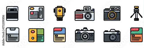 Collection of photography icons featuring cameras accessories and other related symbols for design projects