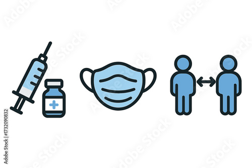 Health and safety icons set for virus prevention. Vaccine, face mask, and social distancing symbols in flat design. Vector illustration for medical and public health concepts.