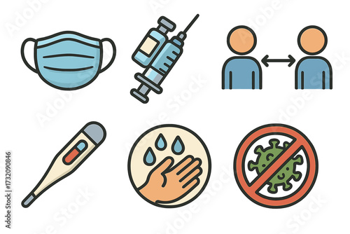 Healthcare and safety icons for virus prevention. Medical mask, vaccine syringe, social distancing, thermometer, hand washing, stop virus sign. Health protection measures. Vector set.