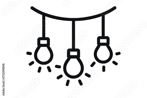 Hanging string lights icon for celebration. Christmas light garland vector. Party festoon decoration symbol. Simple line art illustration of glowing outdoor patio lightbulbs.