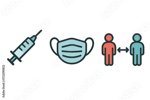 Vaccine syringe, face mask, social distancing icon collection. Health and safety rules for coronavirus. Covid-19 pandemic prevention symbols. Medical protection vector set.