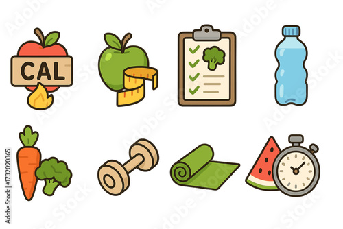 Fitness and nutrition icon set. Healthy lifestyle elements. Diet plan, calorie burning, exercise, workout, weight loss concept. Vector cartoon food and sport equipment icons.