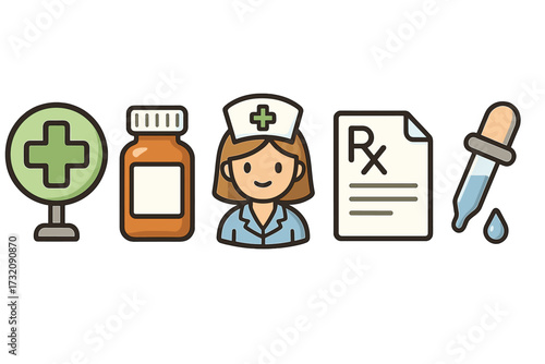 Healthcare icon set. Medicine, pharmacy, nurse, prescription, dropper. Medical concept. Hospital, clinic, treatment. Health care symbol collection. Vector cartoon illustration.