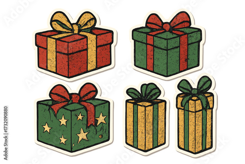 Set of retro Christmas gift boxes. Vector illustration with halftone effect. Grunge style presents for holiday design. Vintage pop art stickers for festive digital collage.